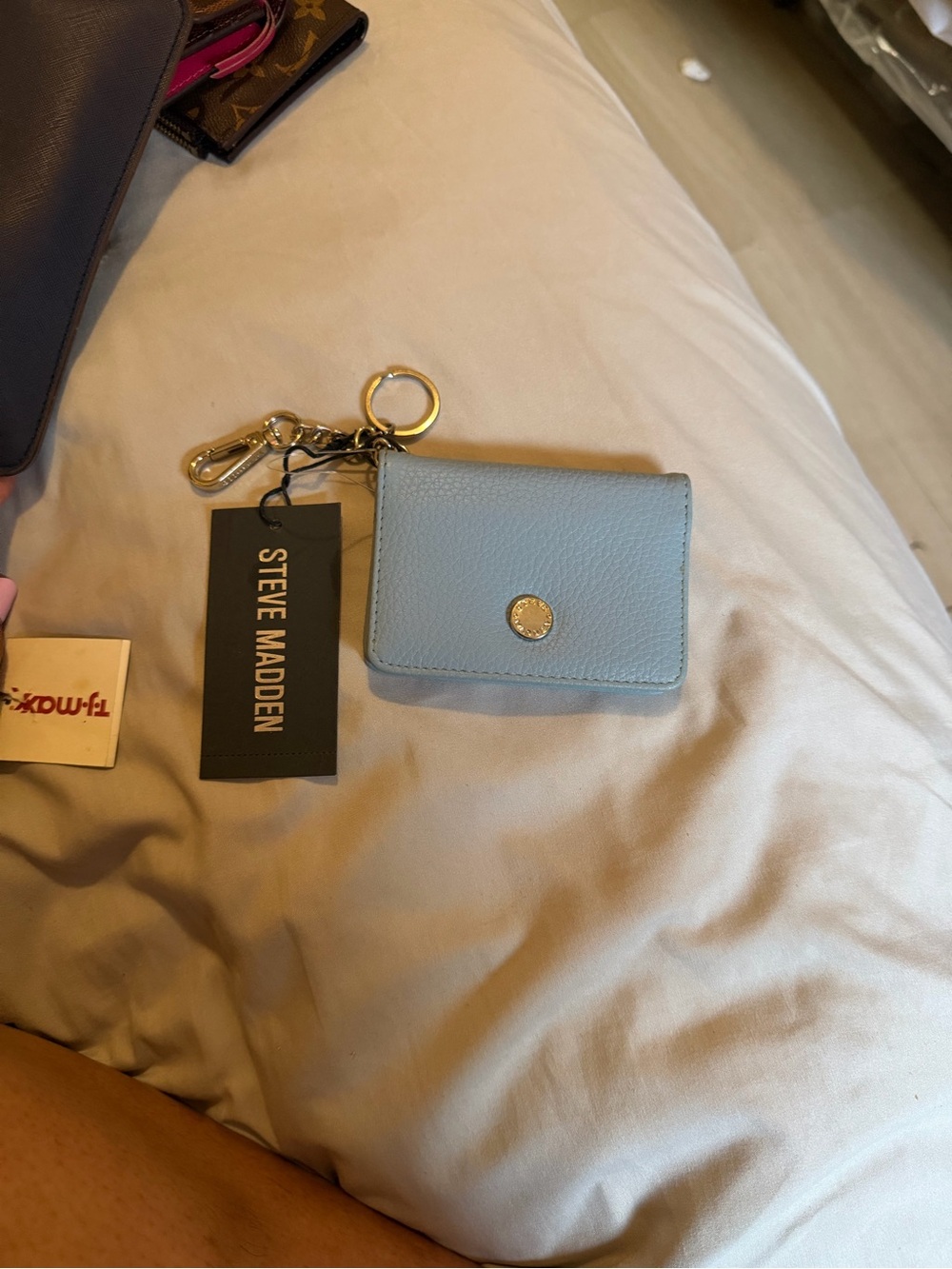 Steve Madden Light Blue Leather Key & Card Holder with Gold Hardware